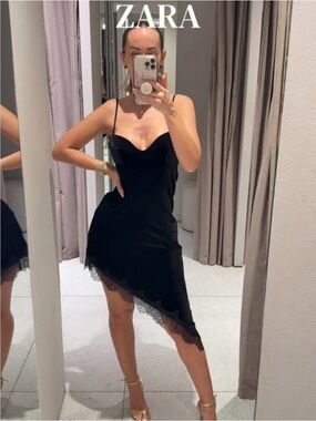 ZARA Black Asymmetric velvet Slip Dress with Lace Trim